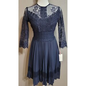 NWT Alex Marie Embroidered Navy Lace Pleated Dress